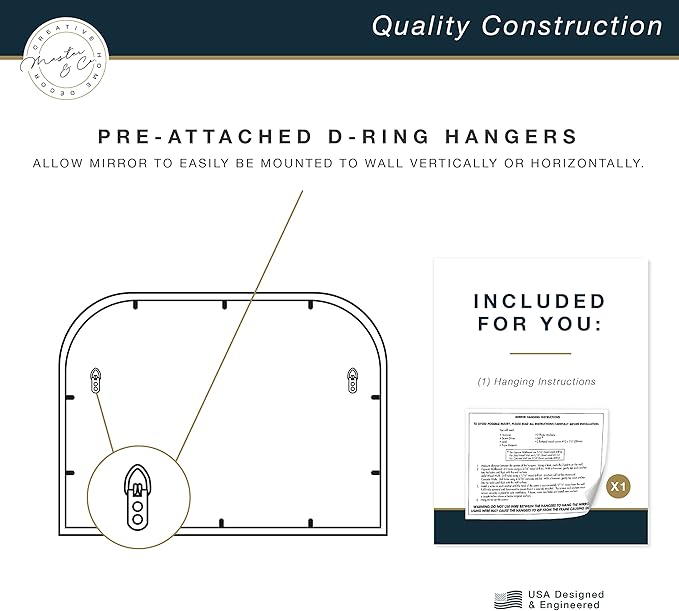 MCS Master & Co. Modern Metal Large Wall Mirror, Minimalist Home Decor Mantle Arch Mirror for Living Room, Bedroom, or Bathroom, 24 by 36 Inch, Black