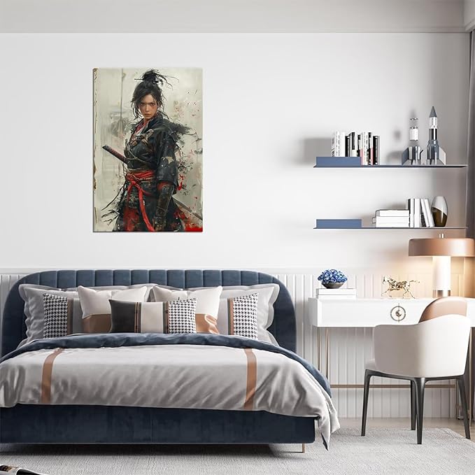 Japanese Female Samurai Wall Art Woman Fight Painting Canvas Prints Warrior Figure Pictures Bushido Posters Japanese Culture Theme Artwork for Bedroom Living Room Decor (18''W x 24''H)