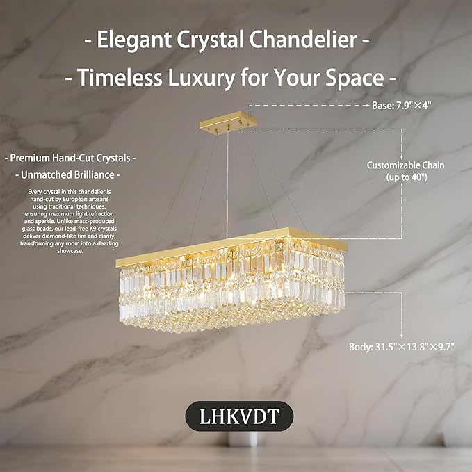 Luxury Gold Rectangular Crystal Chandelier 12-Light, 31.5" Modern K9 Raindrop Chandelier with Adjustable Chain, Dimmable Ceiling Light Fixture for Dining Room, Kitchen Island, Entryway 31.5"L x 10"W