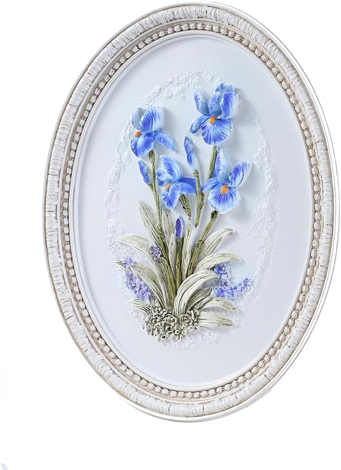 Kangce Vintage Wall Sculptures,Antique Wall Art with Hand-Carved Iris Pattern, Victorian Home Decor,for Living Room, Bedroom,Hallway Gallery,Oval,Blue