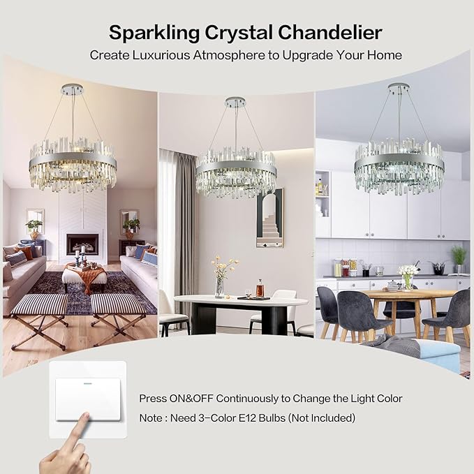 24'' Modern Chrome Crystal Chandeliers for Dining Room,2 Tiers 12 Lights Raindrop Round Chandelier Adjustable Height,Luxury Dimmable Pendant Ceiling Light for Living Room Kitchen Island Foyer