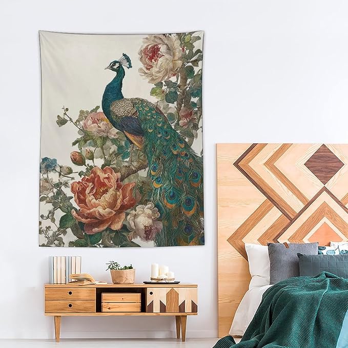 UUKXKUU Peacock Oriental Retro Blooming Flowers Tree Tapestry Wall Decor Large Wall Art Backdrop Flag Hanging for Bedroom Living Room Dorm Office 60"×80"