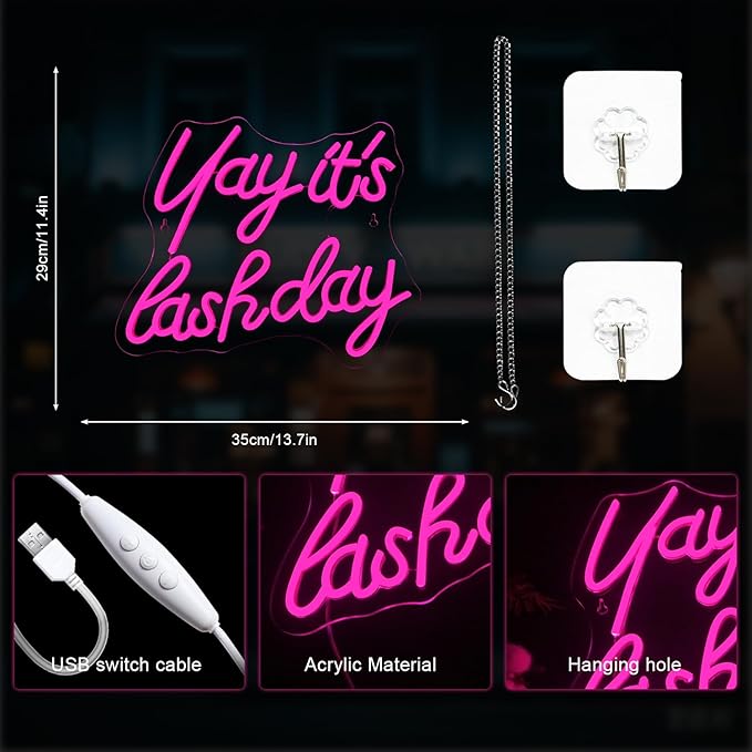 Lucunstar Yay It's Lash Day Neon Sign Pink Led Light USB Connectivity Led Neon Sign with Dimming Switch for Home Wall Decor Girls Room Party Room Decor
