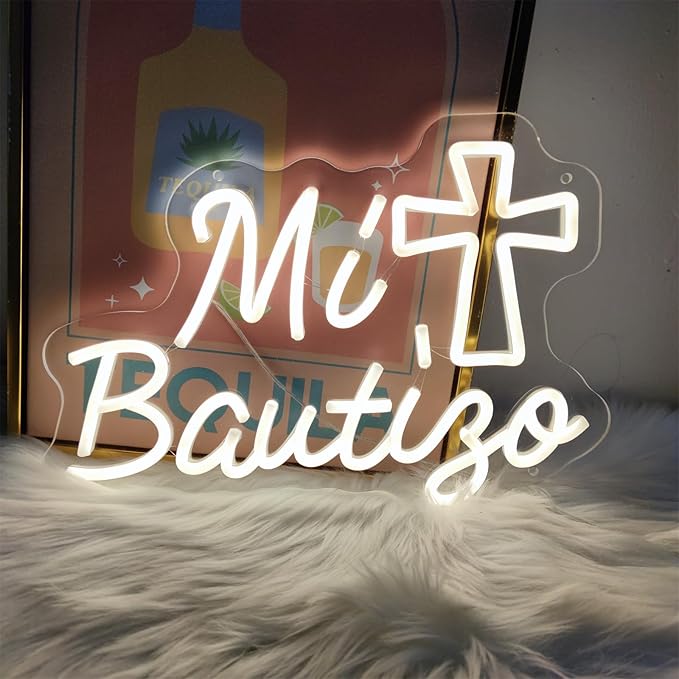 Mi Bautizo Neon Signs for Wall Decor, 14.2 * 10 Inches My Baptism Led Light Sign Perfect for Children's Birthday Party, Bedroom, Home, Room, Garden, Pub Bar, Easter, INSNEnN