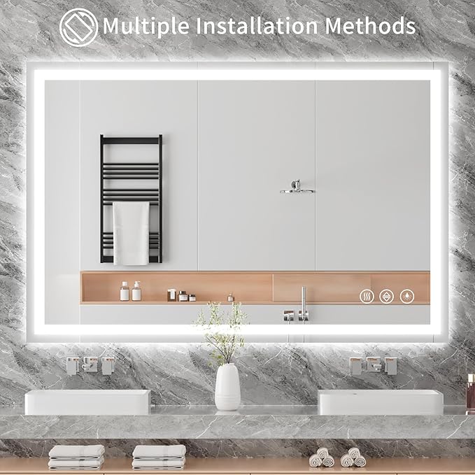 Koonmi 55"x30" LED Mirror for Bathroom, 90CRI Anti-Fog Vanity Mirror with Front and Backlight, Shatter-Proof Wall Mirror with Light, Easy Install Lighted Mirror for Modern Bathroom (IP65)