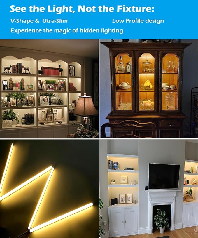 Cefrank V-Shape Under Cabinet Lighting Kit - 4pcs 12" Dimmable Slim LED Light Bars for Showcase Shelf Seamless Illumination - 1200lm, 12W - Warm White 3000K