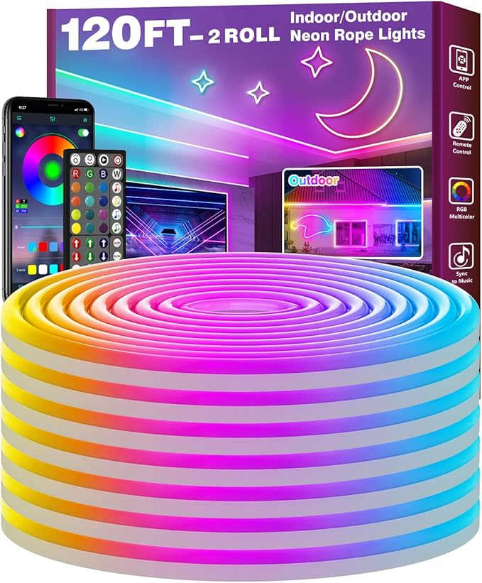 120Ft Led Rope Lights, Flexible Neon Lights Control with App/Remote, Multiple Modes, IP65 Outdoor RGB Waterproof, Music Sync Gaming Light Strip for Bedroom Decor