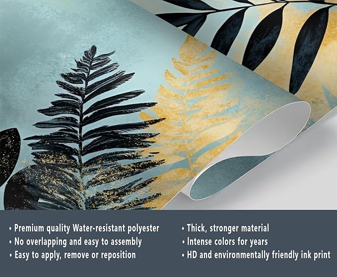 Black Gold Leaf Mural Wallpaper, Cartoon Palm Leaf Murals, 3D Tropical Plants Murals Wallpaper for Living Room Bedroom Tv Background Wall Home Decor Mural (Not Peel Stick)