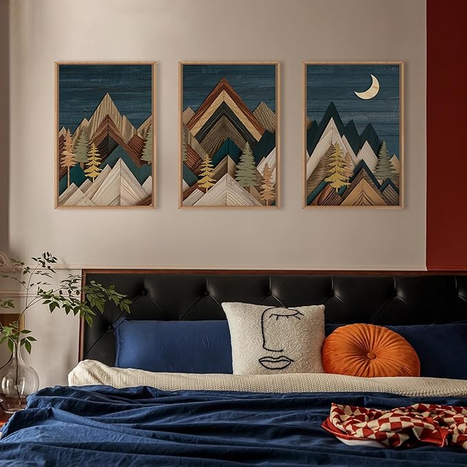 Mountain Woodcut Nature Framed Canvas Wall Art Set,Vintage Pine Tree Wall Decor, Country Wilderness Forest Wall Painting,Modern Navy blue Art Prints for Living Room,Bedroom,Farmhouse - 24"x36"x3