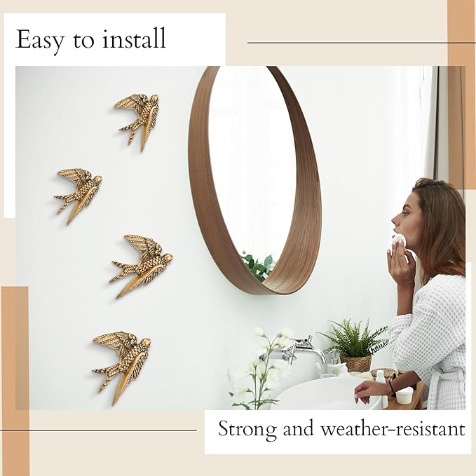 4 Pcs Vintage Bird Wall Sculpture Decor Art 4.7 Inch Antique 3D Sculpted Hanging Bird Resin Wall Art Golden Brass Rustic Floating Ornament for Living Room Garden Indoor Outdoor, Gift for Christmas