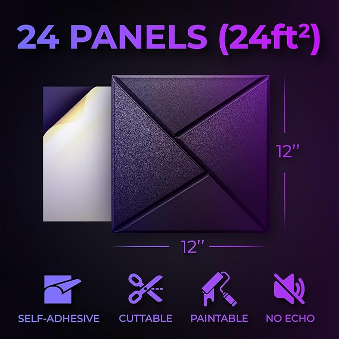 24-Pack Self-Adhesive Acoustic Panels – High-Density Soundproof Foam 12" x 12" x 0.4" for Studio, Office & Home – Sleek Black Design, Sound Panels High Density, Soundproof Wall Panels