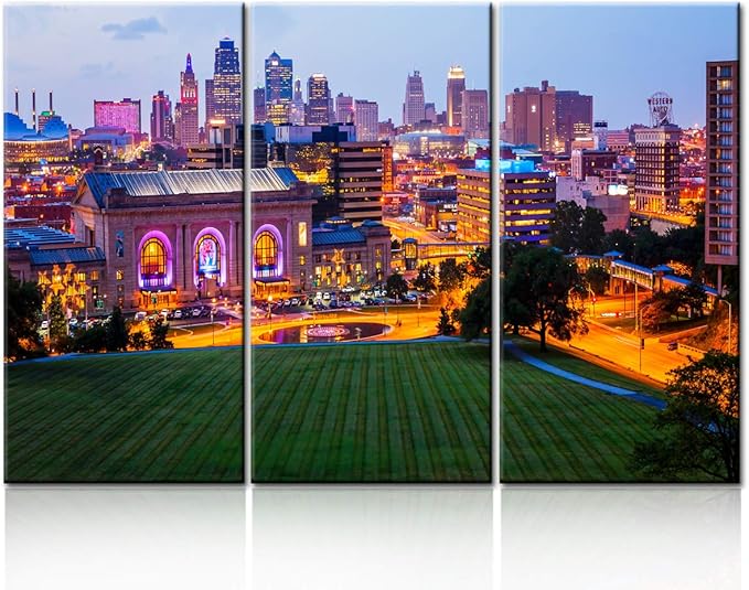 Kansas Cityscape Canvas Print Downtown Kansas City Skyline as Night Falls in Kansas City Canvas Wall art Large Size Gallery Wrapped Canvas on Pine Wooden Frame and Stretch - 40‘’ x 20‘’ x 3 panels