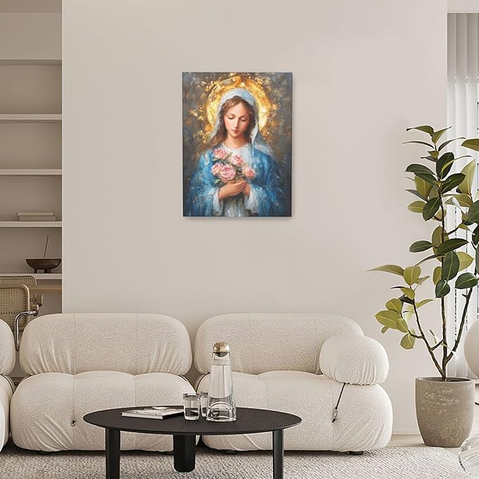 Christian Mary Wall Art Mary Mother Of God Canvas Wall Decor Catholic Blessed Mother with Roses Pictures Christ Paintings Prints Religious Bible Artwork Framed Decorations For Church Prayer Room Chapel Bathroom Bedroom Living Room Gifts 12" x 16"