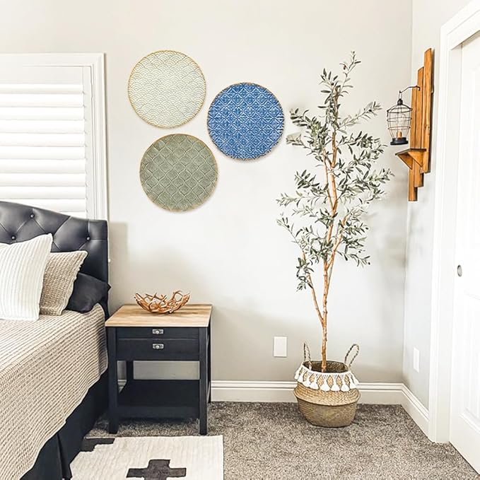 Briful 12" Wall Décor Pack of 3 Metal Blue White Washed Starbursts Radial Plate Wall Art Modern Accent Hanging Wall Decorations For Home Office Bedroom Or Living Room Wall Sculptures