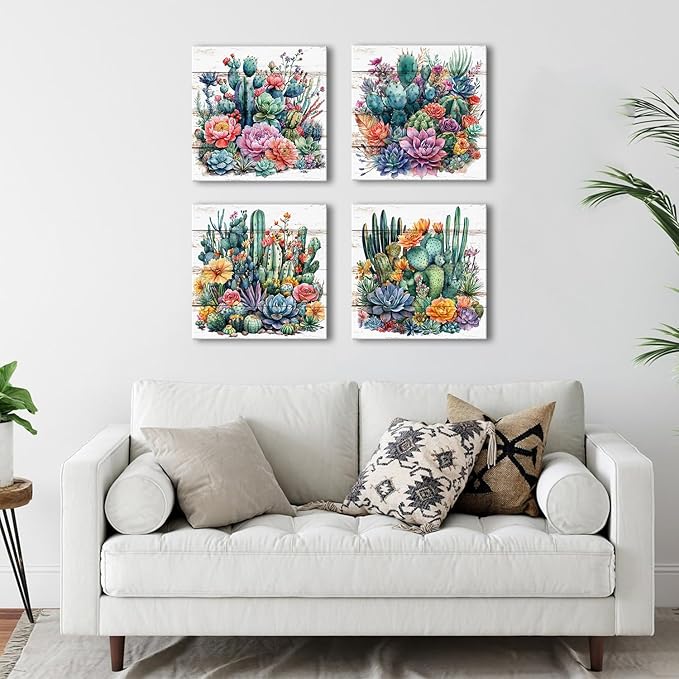 Cactus Wall Decor Bathroom Watercolor Succulent Wall Art Colorful Tropical Plant Flower Picture Boho Country Mexican Botanical Canvas Prints Artwork for Living Room Bedroom Home Decorations 12x12" 4P