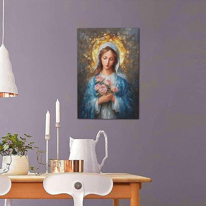 Christian Mary Wall Art Mary Mother Of God Canvas Wall Decor Catholic Blessed Mother with Roses Pictures Christ Paintings Prints Religious Bible Artwork Framed Decorations For Church Prayer Room Chapel Bathroom Bedroom Living Room Gifts 16" x 24"
