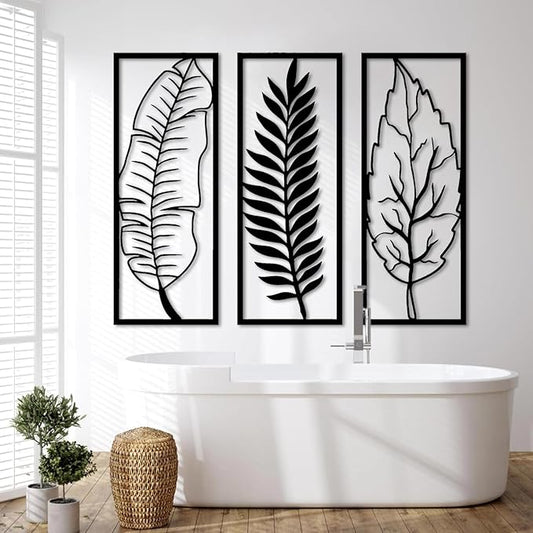 3 Pcs Metal Leaf Wall Decor-Palm Leaf Wall Art, Leaves Metal Wall Decor, Boho Wall Decor, Flower Wall Decor, Modern Wall Art, Maximalist Wall Decor, Wall Decor Living Room (48" x18"|121x47cm, Black)