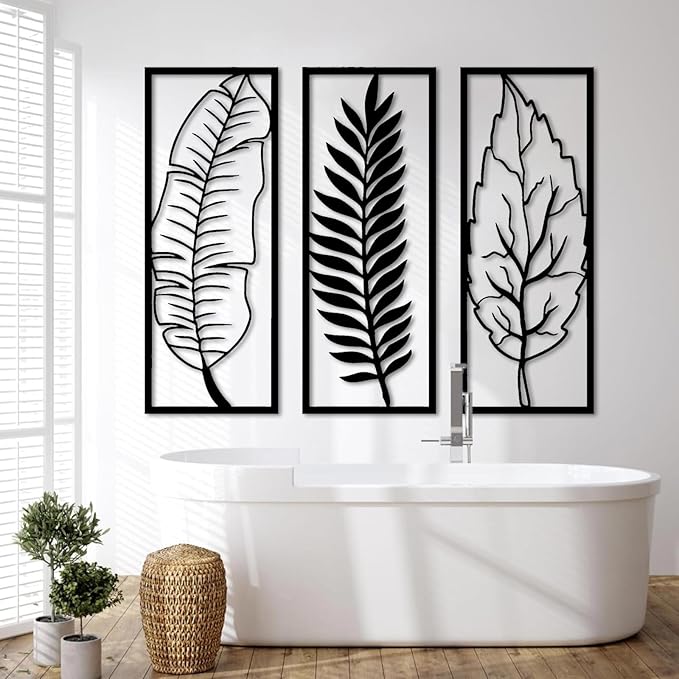 3 Pcs Metal Leaf Wall Decor-Palm Leaf Wall Art, Leaves Metal Wall Decor, Boho Wall Decor, Flower Wall Decor, Modern Wall Art, Maximalist Wall Decor, Wall Decor Living Room (59" x23"|150x58cm, White)