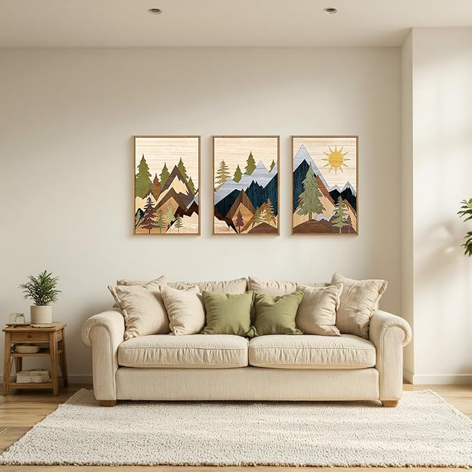 Ausril Mountain Pine Tree Framed Canvas Wall Art Set, Nature Wilderness Illustration Wall Decor, Woodcut Forest Wall Painting, Mid Century Modern Art Print for Living Room Bedroom Office 24"x36"x3