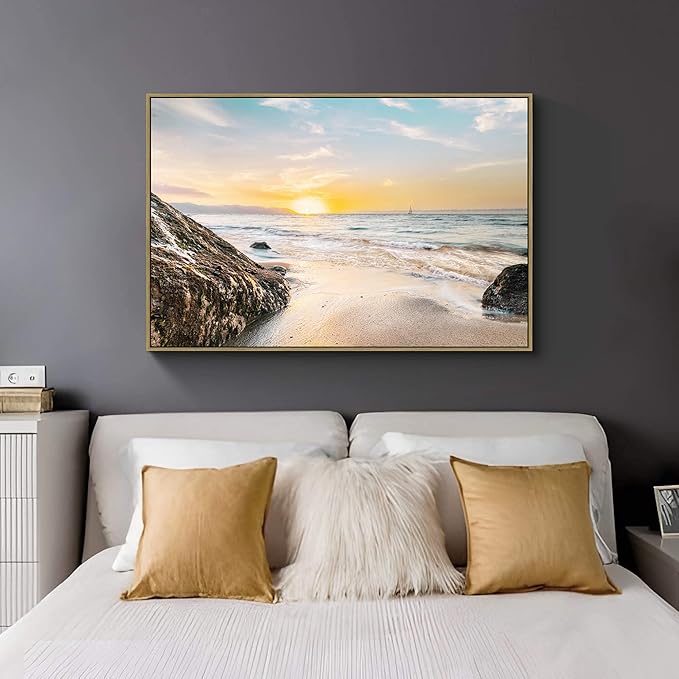Canvas Wall Art Beach Picture: Large Coastal Sunset Scene Framed Artwork Sea Ocean Seascape Painting Seaside Rocky Seashore for Home Living Room Office Decor 48 x 32 Inch