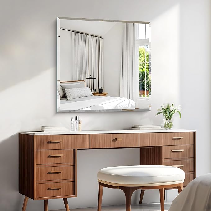 KOCUUY Beveled Mirror, 30x30 Inch Square Frameless Bathroom Mirror for Over Sink, Upgraded Shatterproof Beveled Unframed Design Mirror for Bathroom, Bedroom, Entryway, Hang Horizontal/Vertical