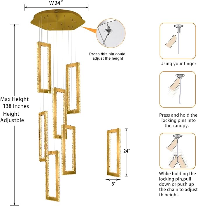 Modern Led Gold Chandelier Adjustable 6 Rings Crystal Chandelier for Living Room Foyer Stairwell Lighting High Ceiling Lamp Dimmable 2700K-6000K