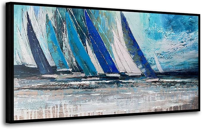 Arjun Framed Wall Art Blue Abstract Wall Art Canvas for Living Room, Teal Coastal Nautical Sailboat Picture Painting Artwork Bedroom Home Office Wall Decor, Black Wood Large 40"x20"