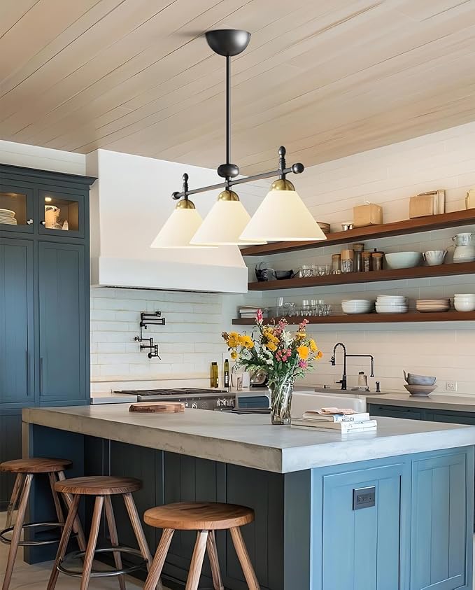 Linear Chandelier, Modern Chandelier for Dining Room Light Fixture, Dining Light Fixtures with Milk Glass Shade Pendant Lights Kitchen Island for Restaurant, Living Room (Black, 3-Lights)