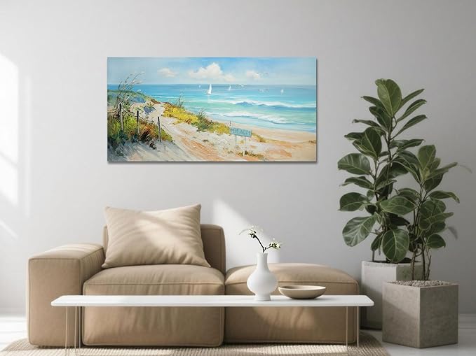 Arjun Ocean Wall Art Canvas Coastal Beach Painting Blue Landscape Picture Sailboat Textured Large Artwork Framed for Living Room Bedroom Bathroom Wall Decor, 40"x20"