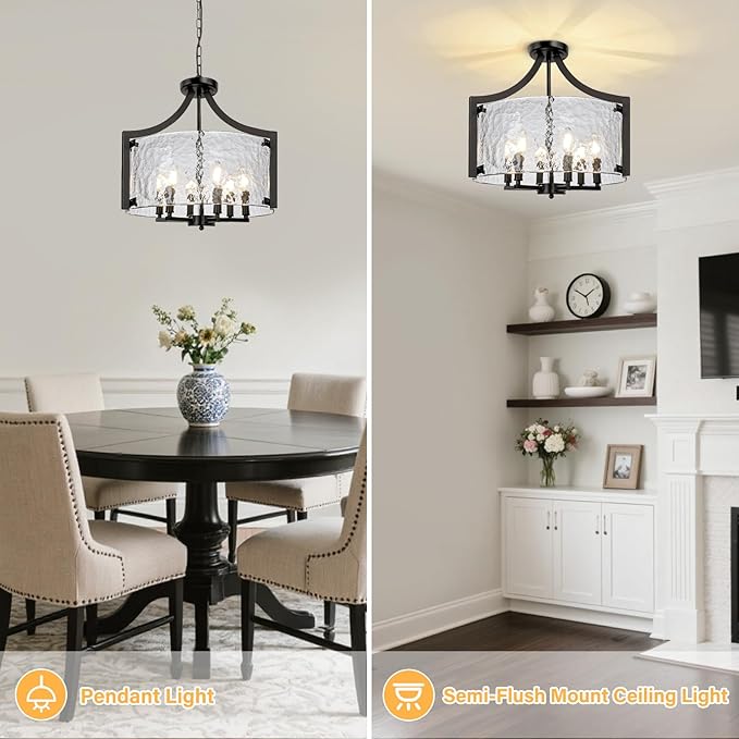 6-Light Glass Chandelier for Dining Room, 19.3'' Modern Black Foyer Chandelier Convertible Semi Flush Mount Ceiling Light, Farmhouse Pendant Lighting for Entryway Foyer Bedroom Kitchen
