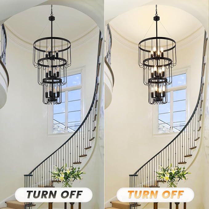 Black Chandelier, 12-Light Farmhouse Chandelier for Entryway, Industrial Foyer Lighting Fixtures, Large Chandeliers for High Ceilings, Modern Hanging Pendant Lights for Staircase, Entryway
