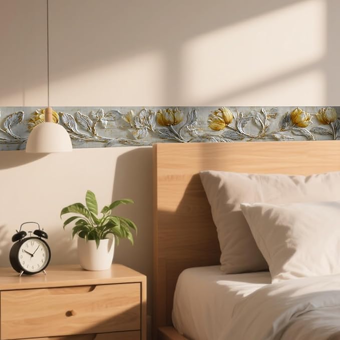 Nuxovilar Wallpaper Border Peel and Stick, Gold & White Tulip Floral Pattern Self-Adhesive Wallpaper, PVC 3.94×16.4 Ft, Ideal for Bedroom, Dining Room, Luxury Decor