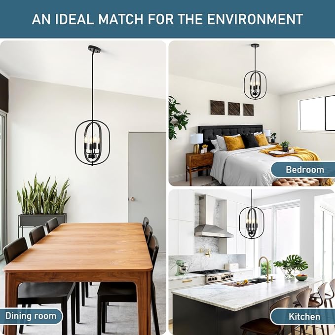 12.2" Modern Farmhouse Black Small Chandelier, 4 Light Adjustable Geometric Hanging Light Fixture for Foyer, Entryway, Hallway, Kitchen