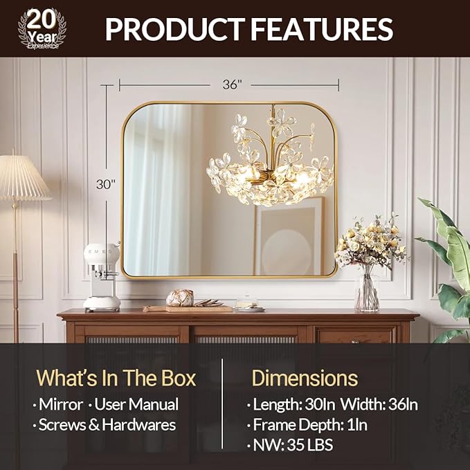 ANDY STAR 36x30'' Brushed Brass Arched Mirror, Modern Arched Mantel Rectangular Mirror Rounded Corner for Fireplace, Bathroom, Powder Room in 1 inch Anti-Rust SUS304 Tube Metal Frame Wall Mounted