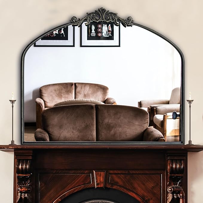 Black Arched Mirror for Wall,Baroque Fireplace Mirror Decor,Brass Wall Mirror,Ornate Mirrors for Entryway/Bathroom/Living Room/Hallway 36"X30" …