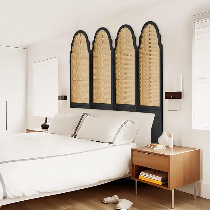 4 Panel Rattan Room Divider, 6 FT Tall Portable Partition Solid Wood Frame Folding Privacy Screen, Partition Room Divider Ideal for Bedroom Living Room Office, Black