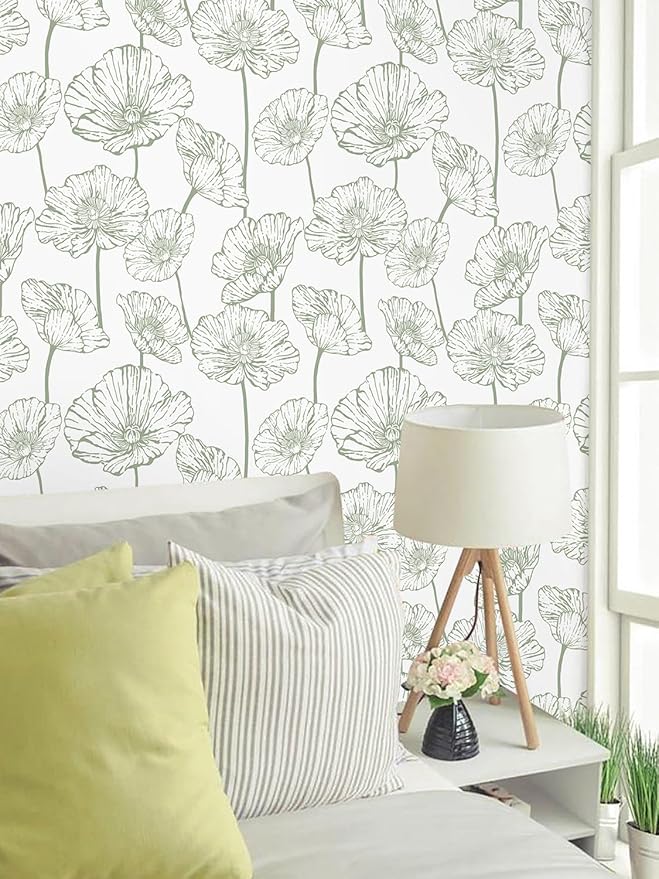 Orainege Floral Peel and Stick Wallpaper Boho Contact Paper Green and White Wallpaper 17.3inx196.8in Self Adhesive Removable Decorative Wall Paper for Bedroom Bathroom Cabinets Decor Vinyl