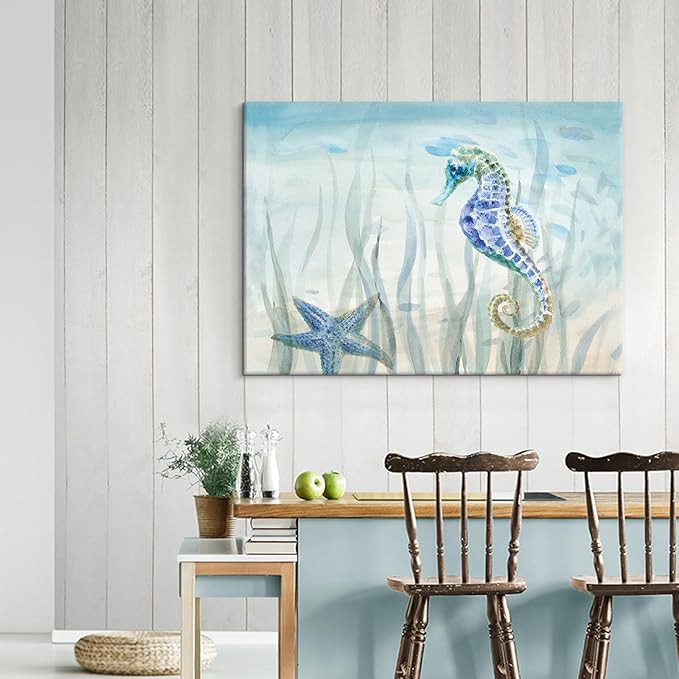 Ocean Wall Art Sea Life Wall Decor Costal Watercolor Seahorse Painting Blue Sea Animal Pictures Starfish Canvas Artwork for Bathroom Bedroom Home Decoration 36x24Inch