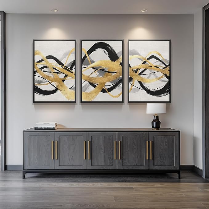 Large Framed Black White Gold Abstract Canvas Wall Art for Living Room, 3 Piece Modern Prints Paintings Artwork for Walls, Black Gold Spiral Line Pictures for Hallway Dining Office Wall Decor 24x36 Inch