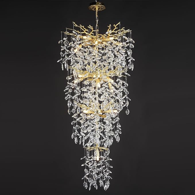 47'' Long Crystal Chandelier for High Ceiling, 25-Light Modern Gold Tree Branch Chandelier, Large Chandeliers for Staircase Foyer Entryway Living Room, 4-Tier Luxury K9 Raindrop Light Fixture- Upgrade