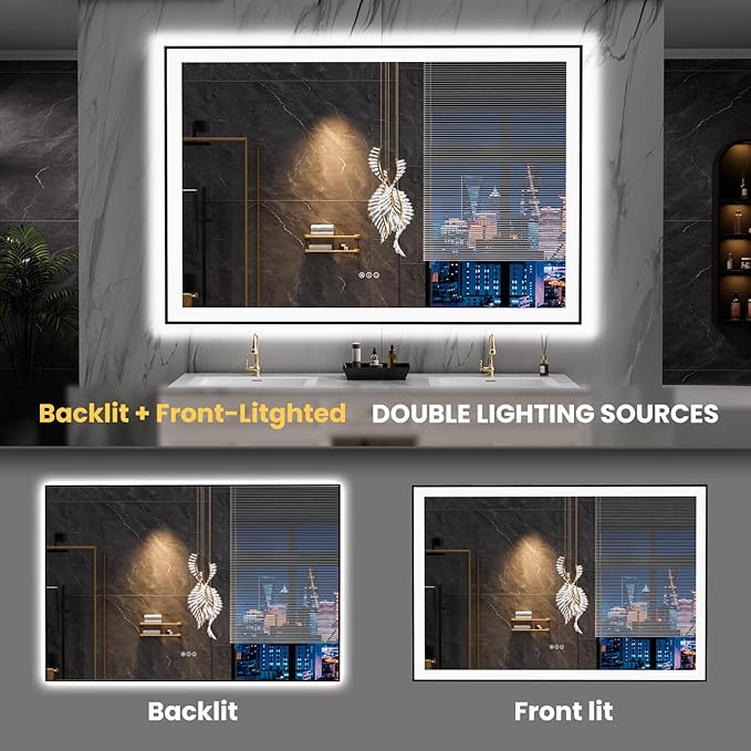 LOAAO 60"X40" LED Bathroom Mirror Black Framed, Anti-Fog, Dimmable, Lighted Bathroom Vanity Mirror for Wall, Memory Function, Tempered Glass