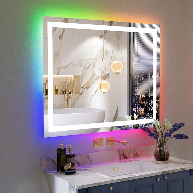 40x32 Inch RGB LED Bathroom Mirror Front Light and RGB Backlit Lighted Vanity Mirror for Bathroom Wall Mounted Dimmable Anti Fog Memory Shatter-Proof IP54 Waterproof Horizontal/Vertical