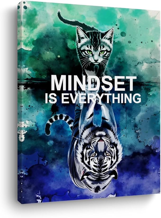 Mindset is Everything Motivational Canvas Wall Art, 11.4x15in Inspirational Quotes Framed Art Paintings Wall Decor Unique Cat Lover Gifts Prints Picture for Living Room Office Kitchen Decor
