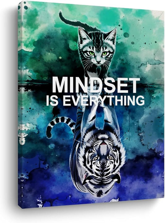 Mindset is Everything Motivational Canvas Wall Art, 11.4x15in Inspirational Quotes Framed Art Paintings Wall Decor Unique Cat Lover Gifts Prints Picture for Living Room Office Kitchen Decor