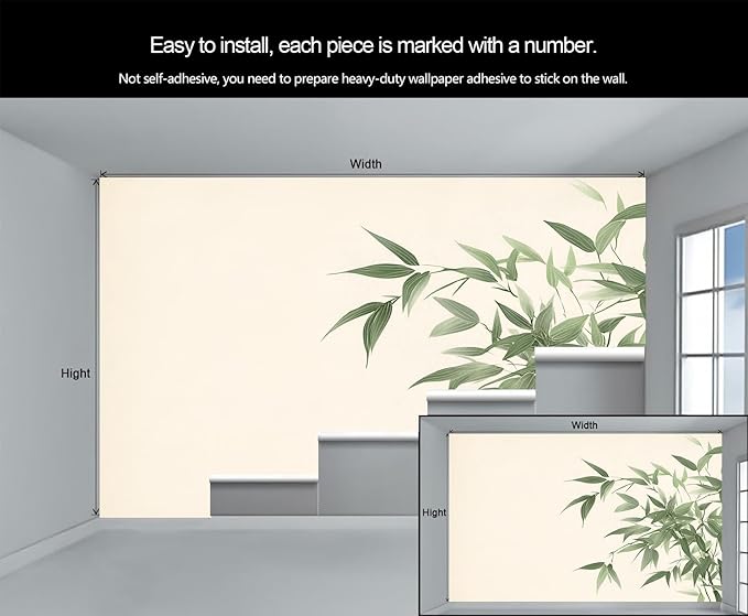 Chinese Mural Wallpaper, Green Bamboo Leaf Murals, Abstract 3D Landscape Murals Wallpaper for Living Room Bedroom Tv Background Wall Home Decor Mural (Not Peel Stick)