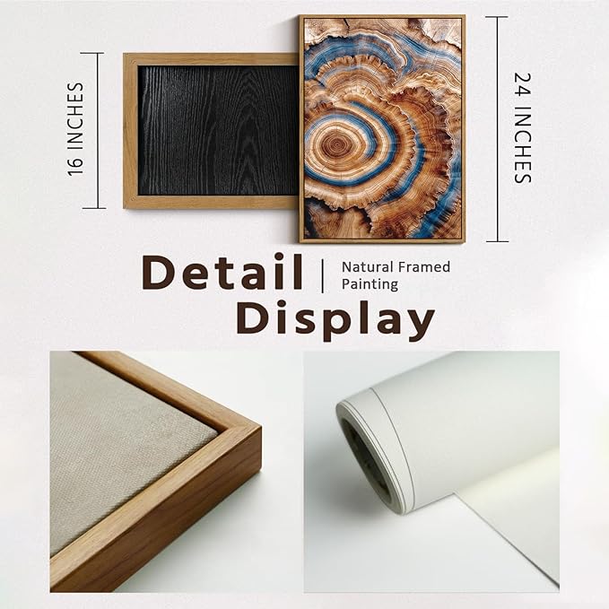 BingruiArt Framed Tree Ring Canvas Wall Art Abstract Wood Wall Decor Boho Modern Colorful Nature Painting Wood Stump Prints Pictures for Living Room Bedroom Bathroom Office 16"x24" Natural Framed(10)