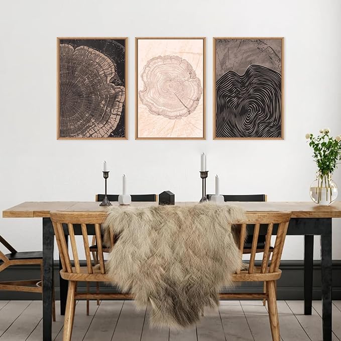 Beige Pastel Wood Tree Rings Framed Canvas Wall Art Set,Modern Nature Grey Wood Stump Wall Decor,Vintage Minimalist Tree Spiral Art Print for Living Room,Bedroom,Dining Room,Office-16 x24 x3