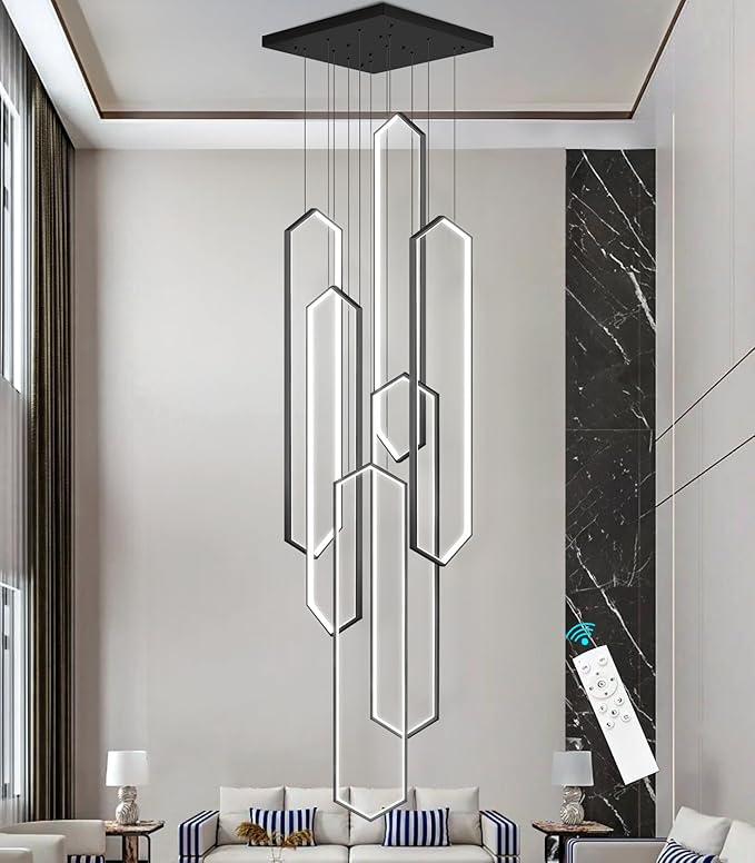 6-Rings Chandelier Modern, Black Large Contemporary LED Light for Living Room Entrance, Dimmable Flush Mount High Ceiling Chandeliers with Remote Control for Villa Foyer