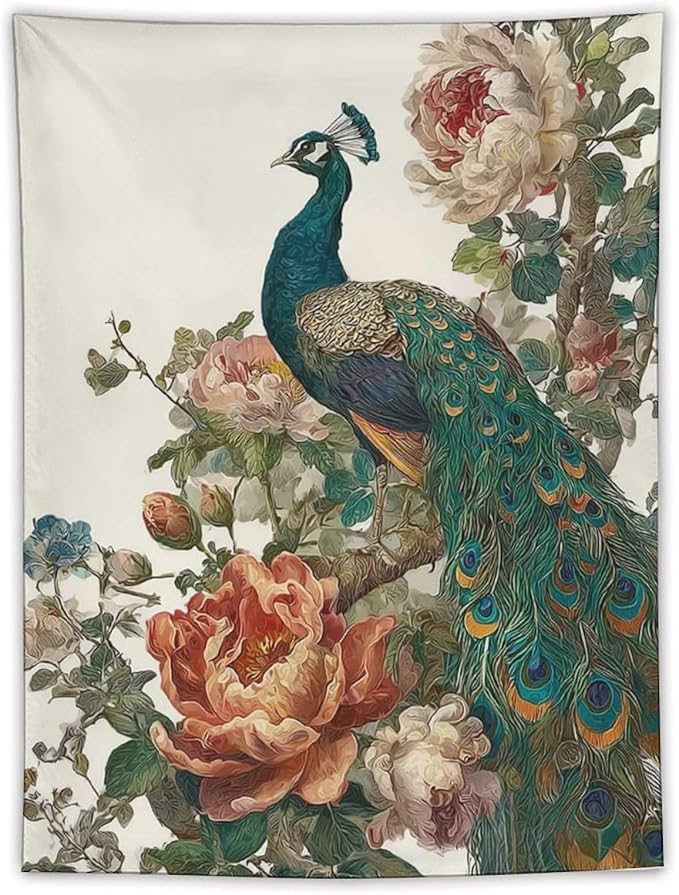 UUKXKUU Peacock Oriental Retro Blooming Flowers Tree Tapestry Wall Decor Large Wall Art Backdrop Flag Hanging for Bedroom Living Room Dorm Office 60"×80"