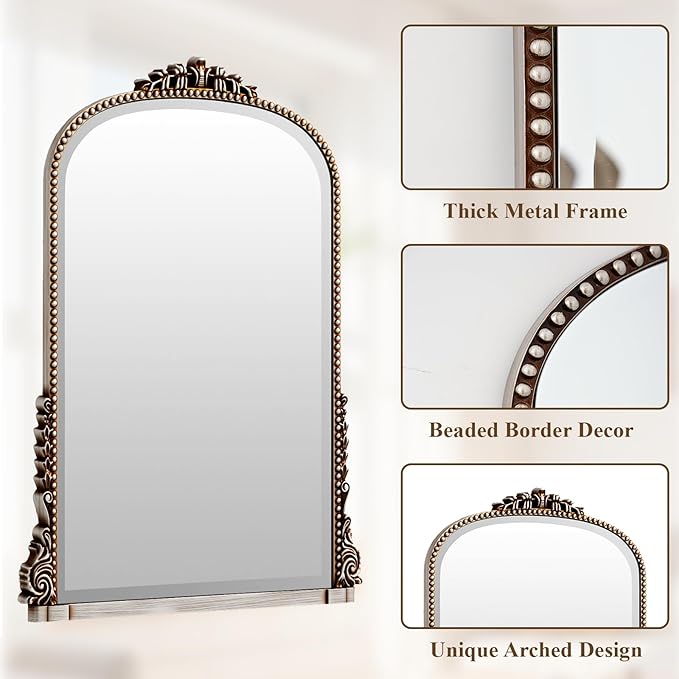 40x28 Beaded Arched Mirror, Bathroom Mirror for Over Sink, Metal Frame Wall Decor for Entryway, Bedroom, Living Room, Silver